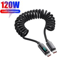 120W Digital Display Car Spring Charging Cord Retractable USB C To Type C Fast Charging Cable for iPhone 17 16 15 pro max Xiaomi