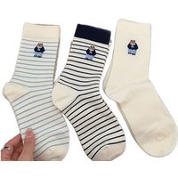 5 pairs of simple comfortable versatile socks women's midsole autumn winter cartoon bear retro striped college cute