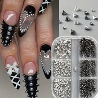 6 Grids Multi-Size Silver Black 3D Cone Spike Nail Charms Punk Gothic Rivet Studs Nail Art Decoration Accessories