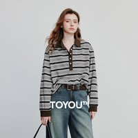 TOYOUTH Women Long Sleeve T-shirt 2025 Autumn New Striped Turn Down Collar Contrasting Casual Pullover Tops