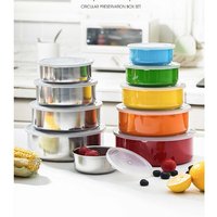 5 in 1 Stainless steel fresh-keeping box five piece set, kitchen refrigerator fresh-keeping storage can, round with lid