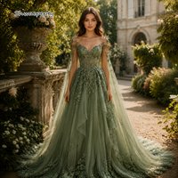 Fairy Sage Green Tulle Country Wedding Dress Cape Sleeve Lace Appliques A-Line Backless Boho Bridal Gowns Customized