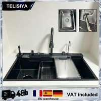 Évier de cuisine multifonctionnel en acier inoxydable avec cascade, disponible en plusieurs styles, grand évier simple avec robinet à affichage numérique