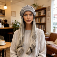 Grey Slouchy Beanie Attached Ash Blonde Long Wavy Synthetic Wig, Casual Daily Hairstyle for Street Wear and Cosplay