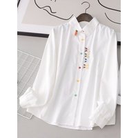Spring Cartoon Kawaii Shirt Women Slim Preppy Style Sweet Embroidery Blouse Japan Casual Long Sleeve Colors Buttons Cute Tops