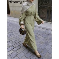 Horetong 2026 Muslim Abaya Women Dress Round Neck Flare Long Sleeve Belted Waist Comfort Modest Islamic Casual Elegant Maxi Robe