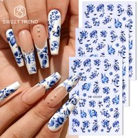 3pcs Blue and White Porcelain Design Nail Stickers Elegant Classical Chinese Style Decals Peony Rose Vine Leaf Manicure Sliders