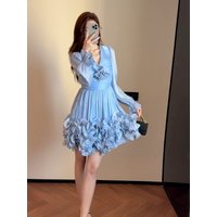 Elegant Sexy V-Neck Short Puffy Skirt Dress with Lace Trim Splice Slimming Fashionable Polyester Blend High Waist A-Line Dress