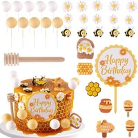 34pcs Bee Cake Toppers Honey Jar Cake Topper Honeycomb Cake Decorations Baby Shower Bee Theme Birthday Party Decoration Supplies
