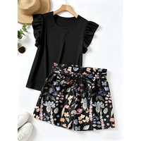 Summer plus size new women's simple black suit lace round neck top+bow belt flower pattern shorts two-piece set
