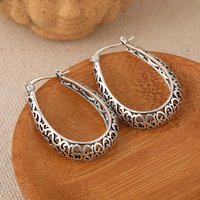 Retro Hollow Floral Carved U-Shaped Earrings Silver Plated Fashion Hoop Earrings Jewelry For Women Daily Party Banquet
