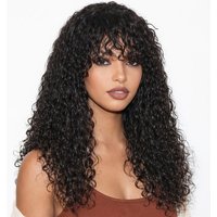 Perruques en cheveux humains ondulés avec frange, couleur noire 1B, non-lace, couleur naturelle, perruque complète fabriquée à la machine, cheveux humains brésiliens, densité 250