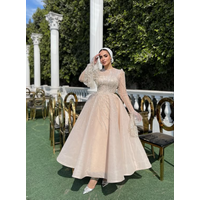 Chamapgne Sparkly Muslim Evening Party Dresses Gillter Beaded Long Sleeve Ankle-length Hijab Prom Occasion Gown Customsized