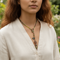 Retro Style Flower Pendant Necklace Hollow Flower Personalized Design Stone Beaded Choker Green Color Series Adjustable Length