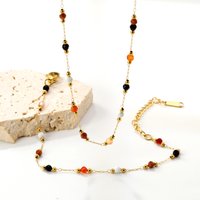 Stainless Steel Natural Colored Beads Necklace Bracelet Set Womens Trend Rust Proof Golden Hot Seller Summer Beach Jewelry Gifts