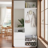 Kompakter Kleiderschrank mit Spiegel und Bank, Flurgarderobe mit Schuhschrank und Haken, Kleiderhaken, Flurmöbel-Set