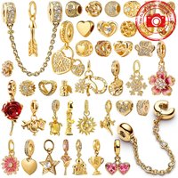 Sparkling Golden Charms DIY Jewelry Gift Love Letter Triple Clear Stone Safety Chain Heart & Flower Beads Fit Original Bracelets