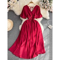 Summer Vintage Women Long Dress Elegant V-Neck Short Sleeve High Waist A-Line Bandage Maxi Robe Vacation Beach Vestidos 2025 New