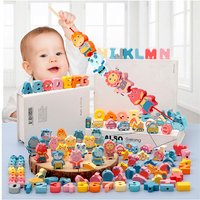 Kids Montessori Wooden Lacing Toy DIY Wooden Beads For Children Cartoon Animals Fruit Letter Digital Beads Threading Toys Gifts
