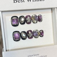 10pcs Short Square Purple Starlight Cat Eyes Flower Handmade Press on Nails Glitter False Nails for Women Party Wedding