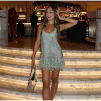 Women Luxury Feathers Decoration Sequins Bodycon Tank Mini Dress Sexy U Neck Sleeveless Backless Sllim Birthday Party Clubwear