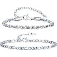 2pcs Men's Chain Bracelets,Silver Color Stainless Steel Rope Twisted Adjustable Chain Wristband,Simple Jewelry Gift for Dad Him