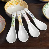 4/8 Pcs Ceramic Spoons,5.5 Inch,Four Seasons Floral Pattern,Underglaze,Ideal for Soup Porridge,Easy to Clean,Dishwasher Safe