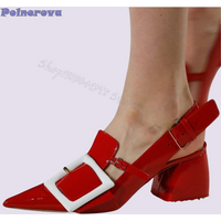 Sexy Red Patent Leather Pumps Pointed Toe Square Buckle High Heel Shoes Party Thick Heel Women Shoes2024 New Zapatos Para Mujere