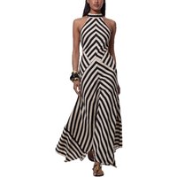 Women Striped Sleeveless Dress Backless A Line Elegant Long Dresses Halterneck Spliced Casual Vestidos Summer Beach 2025