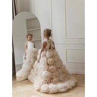 JDY Custom Flower Girl Dress Wedding Gown Birthday Party Pageant Dress Halter 3D Rose Tulle Ball Gown For Girls فساتين بنات