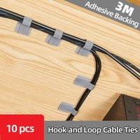 3M Adhesive Hook and Loop Cable Ties - Self-Stick Wire Organizer for Power Cords & Data Cables, 10-Pack