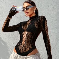 Women Summer Long Sleeve Bodysuit Cover Up Hollow Out Beachwear Without Underwear Sheer Mesh Fishnet Music festival Swimsuit