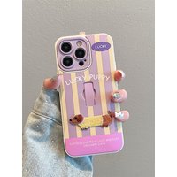 Cute Embroidery Dachshund Puppy Ring Stand Holder Case For iPhone 16 Pro Max 17 15 14 13 12 11 Colorful Stripe Back Cover