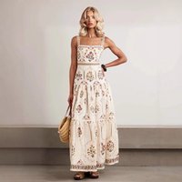 Women 100% Cotton Long Dress Flower Print Sling Robe Beaded Embroidery Square Collar Sleeveless High Waist Beach Party Dress
