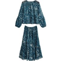 Women’s Spring Long Sleeve Daily Casual Blue Floral Set Single Button Puff Sleeve Top Matching Skirt