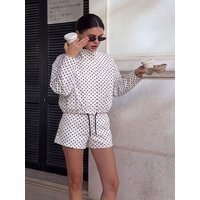 HH Womens Vintage Polka Dot 2 Piece Outfit Long Sleeve Crop Blouse And Shorts Set Casual Loose Fit Streetwear For Spring Summer