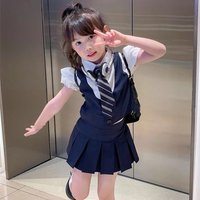 Children's Clothing Set Girls Academy Fake Two piece Short sleeved Top+Tie+Pleated Skirt 3Pcs 2024 Summer New School Uniform