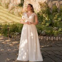 Customized Wedding Dresses Plus Size V Neck Cap Sleeves A-Line Bride Gowns Applique Back Lace-up Sweep Train Vestidos De Novia