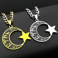 Muslim Islam Black Enamel Moon Star Stainless Steel Pendant Necklace for Women Men Gold Color Hebrew Hip Hop Chain Jewelry Gift