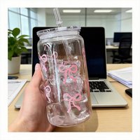 1/2PCS 500ml Pink Bow Plastic Cup With Lid And Straws Reusable Bow Aesthetic Cup For Drinking Coffee Tea Cocktail For Party Home