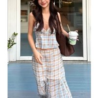 Women Plaid Print Lace Trim Cami Top And Maxi Skirt Two Piece Set For Summer Daily Streetwear