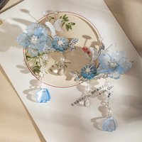2pcs Romantic Blue Peony Hair Clips Fairy Glaze Flower Butterfly Designs Peart Tassel Side Clips Chinese Style Hanfu Hairpieces
