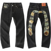 Men's Japanese Handmade Embroidered Jeans Pure Cotton Straight Tube Hip-Hop Popular Slim Red Ears Show Thin Trousers Devil Black
