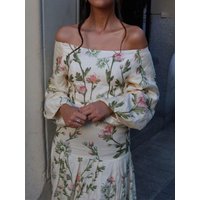 100% Linen Ladies Maxi Dress Floral Print Slash Neck Lantern Sleeve Holiday Robe
