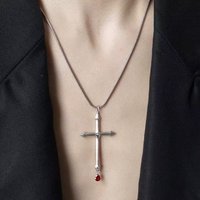 Vintage Red Crystal Tassel Cross Pendant Necklace For Women Goth Jewelry Silver Color Snake Chain Halloween Jewelry Gift