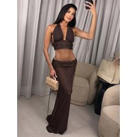 Leosoxs Sequin Patchwork 2 Piece Set Women Sexy Halter Bandages Backless Tank Top+Ribbon Skirts Elegant Chic Party Club Suits