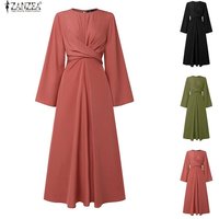 Ramadan Muslim Abaya Hijab Dress ZANZEA Women Elegant Long Sleeve Solid Pleated Sundress Robe Femme IsIamic Clothing Kaftan Eid