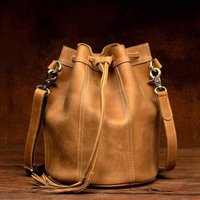 Vintage Crazy Horse Leather Fringe Bucket Bag for Women, Handmade Genuine Leather Large Capacity Shoulder Bag with Drawstring