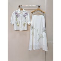 Elegant office ladies' colorful floral printed linen set new short sleeved shirt and long A-line skirt white two-piece set