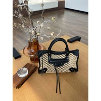 CocoMonica Women's Straw Woven Tote Bag Color Block Motorcycle Style Single Shoulder Crossbody Commuter Bag Large Capacity